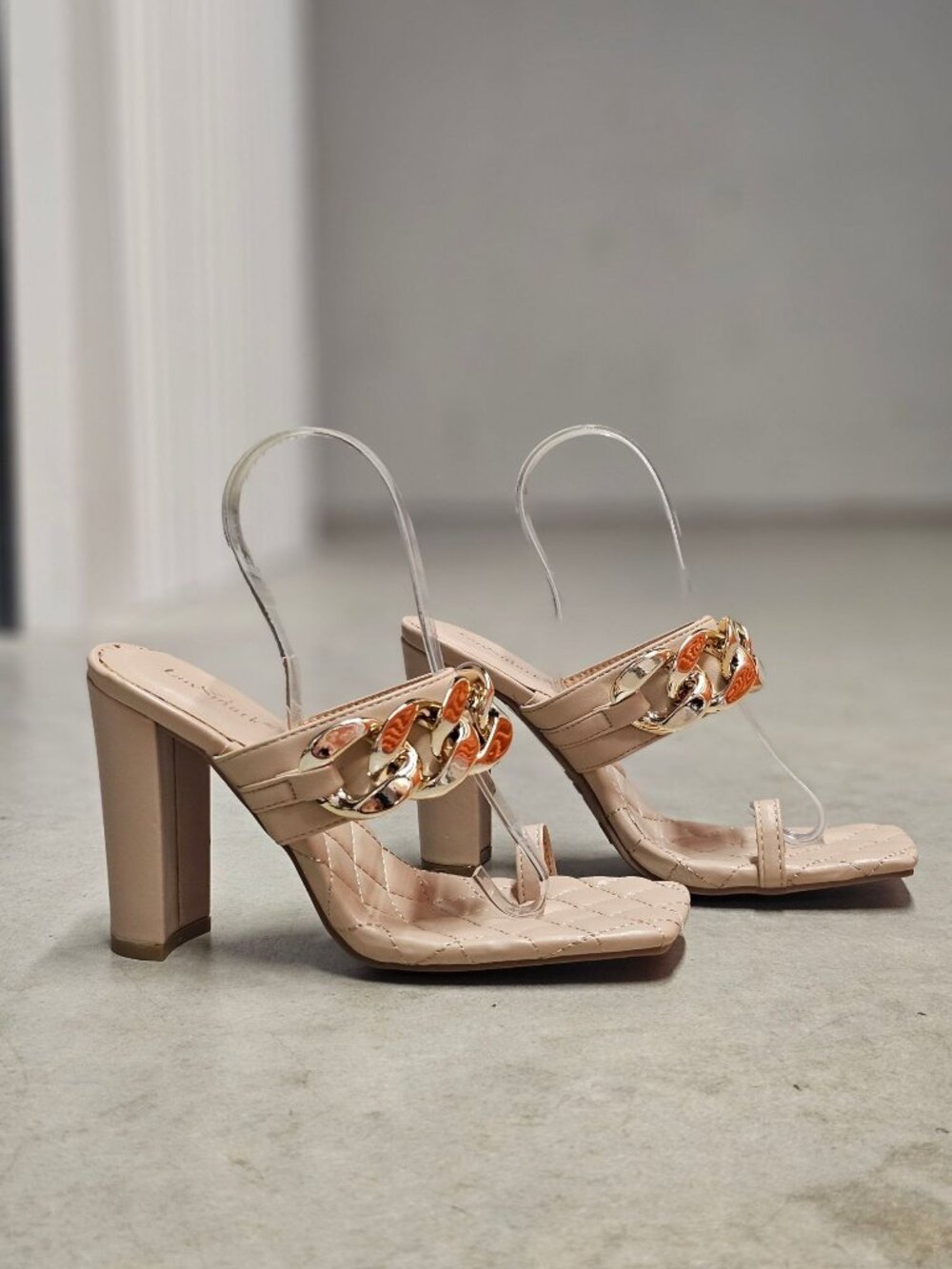 Quilted Nude Heeled Sandals With Gold Chain Detail & Square Toe Design